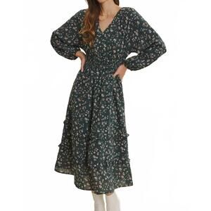 NEW IN FEBRUARY floral smocked waist midi dress in evergreen multi
